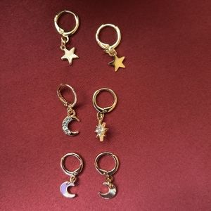 NWOT Set of 3 Gold Star & Moon Theme Earrings